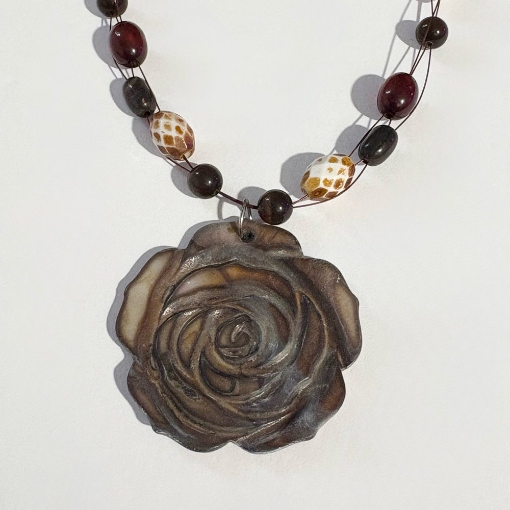 Beautiful Carved Rose Shell Pendant with Glass And Tiger Eye Bead Necklace